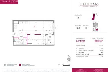 Rzut - Mieszkanie na sprzedaż 2 pokoje o powierzchni 38,38 m² - numer 2.1/3/M9 w Lechicka 65