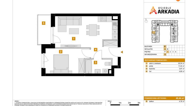 Rzut - Mieszkanie na sprzedaż 2 pokoje o powierzchni 40,44 m² - numer B1.12 w Osiedle Arkadia etap 2