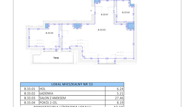Rzut - Mieszkanie na sprzedaż 2 pokoje o powierzchni 47,1 m² - numer B.33 w Gaja Park