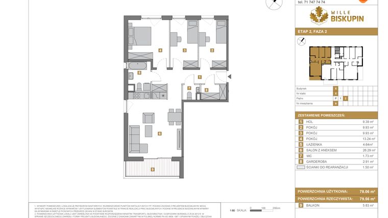 Rzut - Mieszkanie na sprzedaż 4 pokoje o powierzchni 78,06 m² - numer X/9 w Wille Biskupin Etap 2.2