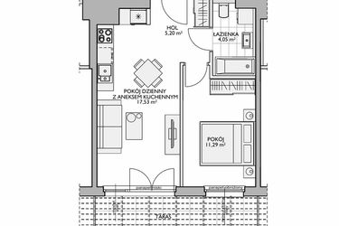 Rzut - Mieszkanie na sprzedaż 2 pokoje o powierzchni 39,21 m² - numer WO/O16/43 w Wiszące Ogrody
