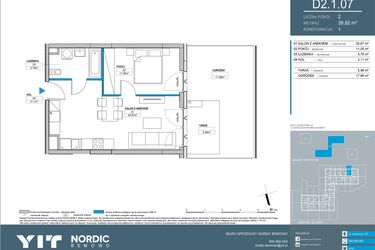 Rzut - Mieszkanie na sprzedaż 2 pokoje o powierzchni 39,82 m² - numer D2.1.07 w Nordic Bemowo - etap IV