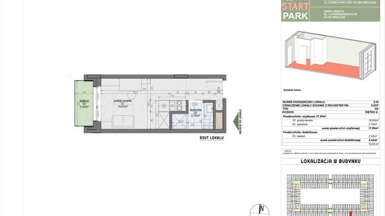 Rzut - Mieszkanie na sprzedaż 1 pokój o powierzchni 17,39 m² - numer 2.16 w START PARK