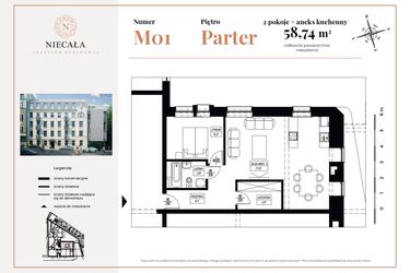 Rzut - Mieszkanie na sprzedaż 2 pokoje o powierzchni 58,74 m² - numer 1 w Niecała Prestige Residence