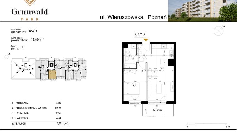 Rzut - Mieszkanie na sprzedaż 2 pokoje o powierzchni 43,8 m² - numer 8 K/18 w Grunwald Park