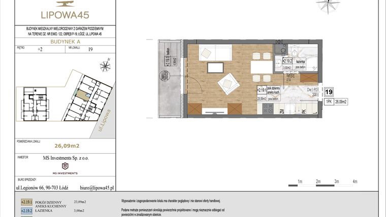 Rzut - Mieszkanie na sprzedaż 1 pokój o powierzchni 26,09 m² - numer A19 w Lipowa 45