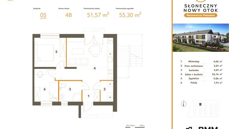 Rzut - Mieszkanie na sprzedaż 3 pokoje o powierzchni 51,57 m² - numer 4B w Słoneczny Nowy Otok - Malownicza Południe etap II