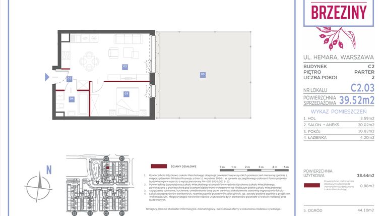 Rzut - Mieszkanie na sprzedaż 2 pokoje o powierzchni 39,52 m² - numer C2.03 w Miasteczko Brzeziny II