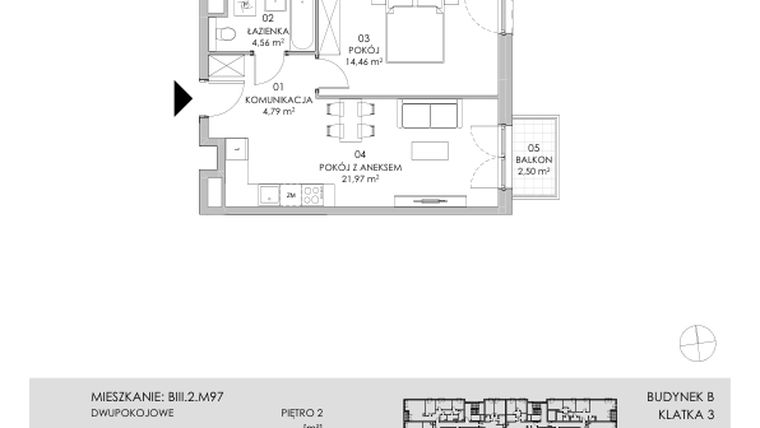 Rzut - Mieszkanie na sprzedaż 2 pokoje o powierzchni 45,78 m² - numer BIII.2.M97 w Przewóz 42 ATAL II