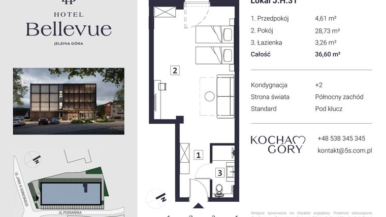 Rzut - Mieszkanie na sprzedaż 1 pokój o powierzchni 36,6 m² - numer 31 w Hotel Bellevue