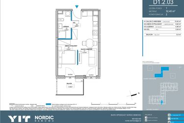 Rzut - Mieszkanie na sprzedaż 1 pokój o powierzchni 32,45 m² - numer D1.2.03 w Nordic Bemowo - etap IV