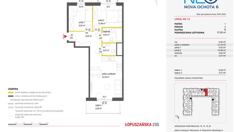 Rzut - Mieszkanie na sprzedaż 3 pokoje o powierzchni 57,65 m² - numer 66 w Neo Nova Ochota 6