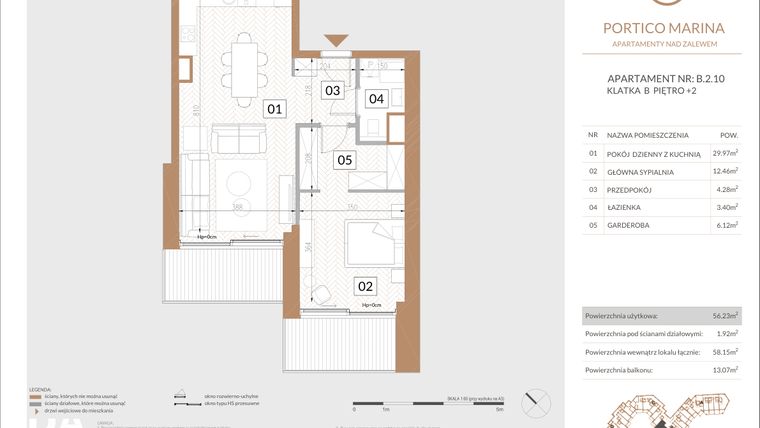 Rzut - Mieszkanie na sprzedaż 2 pokoje o powierzchni 57,82 m² - numer B.2.10 w Portico Marina