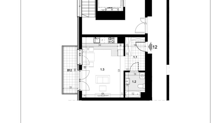 Rzut - Mieszkanie na sprzedaż 1 pokój o powierzchni 33,71 m² - numer C1.12 w Centralna 51C