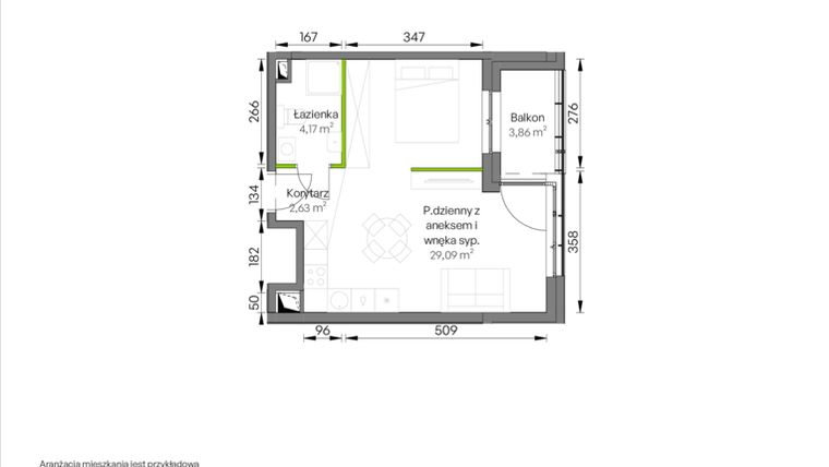 Rzut - Mieszkanie na sprzedaż 1 pokój o powierzchni 35,89 m² - numer C1/02/39 w WUWA Vita