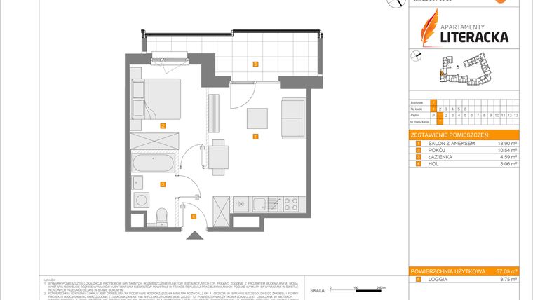 Rzut - Mieszkanie na sprzedaż 2 pokoje o powierzchni 37,09 m² - numer F.7 w Apartamenty Literacka etap 2.3