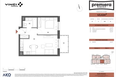 Rzut - Mieszkanie na sprzedaż 1 pokój o powierzchni 43,41 m² - numer A.08 w Premiera Bemowo