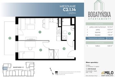 Rzut - Mieszkanie na sprzedaż 2 pokoje o powierzchni 37,61 m² - numer C2.1.14 w Bogatyńska Apartamenty etap 3