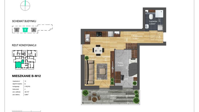 Rzut - Mieszkanie na sprzedaż 2 pokoje o powierzchni 38,17 m² - numer B-M12 w Bunscha Park 4.0