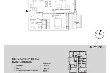 Rzut - Mieszkanie na sprzedaż 2 pokoje o powierzchni 42,92 m² - numer B1-03-30A w Francuska Park IX