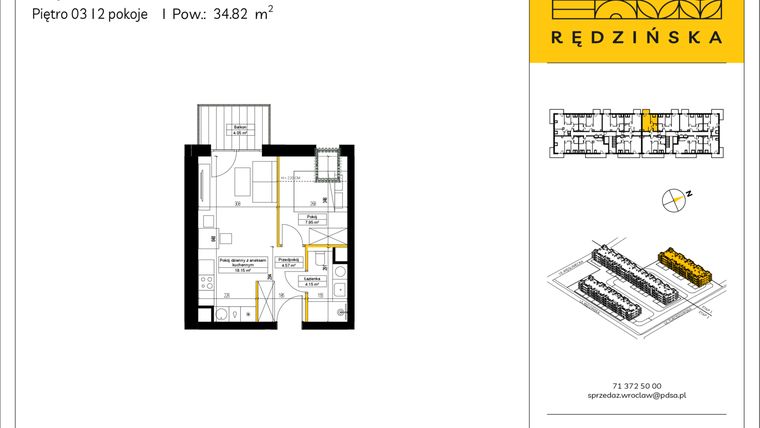 Rzut - Mieszkanie na sprzedaż 2 pokoje o powierzchni 34,82 m² - numer RD4A/B/32 w Rędzińska 4