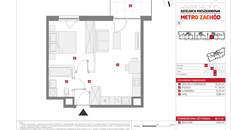 Rzut - Mieszkanie na sprzedaż 2 pokoje o powierzchni 38,11 m² - numer 13.1.A.76 w Dzielnica Mieszkaniowa Metro Zachód - etap 13