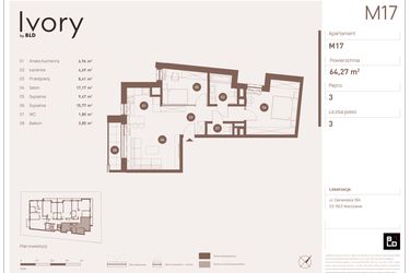 Rzut - Mieszkanie na sprzedaż 3 pokoje o powierzchni 64,27 m² - numer M17 w Ivory