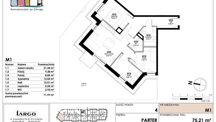 Rzut - Mieszkanie na sprzedaż 4 pokoje o powierzchni 71,99 m² - numer M1 w Kamieniczki za Strugą