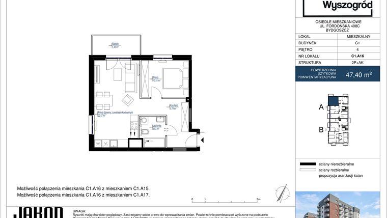Rzut - Mieszkanie na sprzedaż 2 pokoje o powierzchni 47,4 m² - numer C1.A16 w Nowy Wyszogród etap II