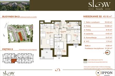 Rzut - Mieszkanie na sprzedaż 3 pokoje o powierzchni 70,46 m² - numer B4.2.32 w Osiedle SLOW