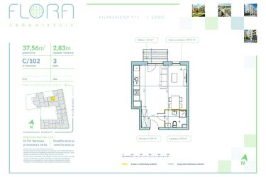 Rzut - Mieszkanie na sprzedaż 1 pokój o powierzchni 37,56 m² - numer C.102 w Flora Śródmieście