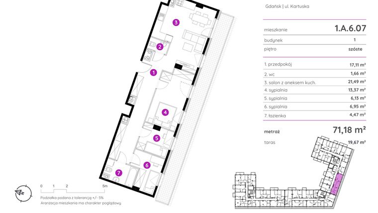 Rzut - Mieszkanie na sprzedaż 4 pokoje o powierzchni 71,18 m² - numer 1.A.6.07 w Murapol Scarpa