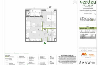 Rzut - Mieszkanie na sprzedaż 2 pokoje o powierzchni 34,93 m² - numer F1.B.03.03 w Verdea Żoliborz
