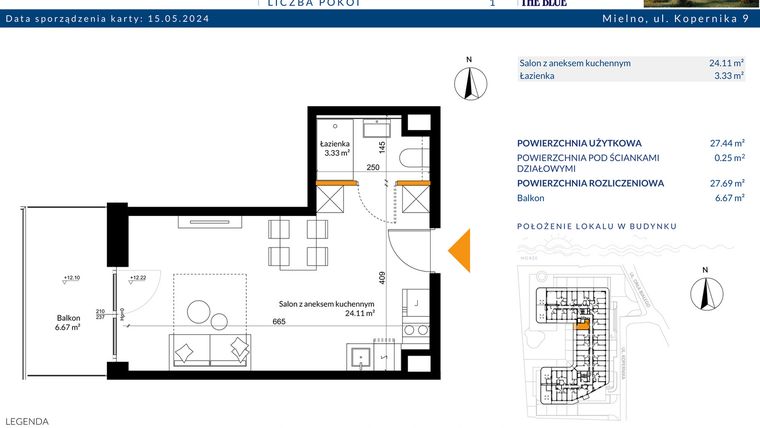 Rzut - Mieszkanie na sprzedaż 1 pokój o powierzchni 27,69 m² - numer 4.01 w The Blue