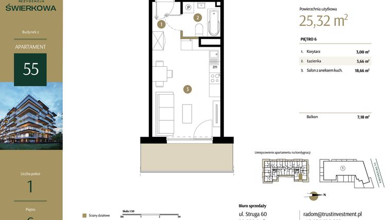 Rzut - Mieszkanie na sprzedaż 1 pokój o powierzchni 25,32 m² - numer M.55 w Rezydencja Świerkowa - etap II
