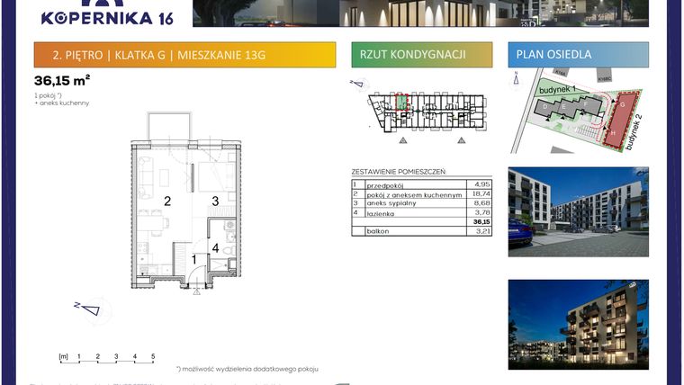 Rzut - Mieszkanie na sprzedaż 1 pokój o powierzchni 36,15 m² - numer G13 w Kopernika Szesnaście