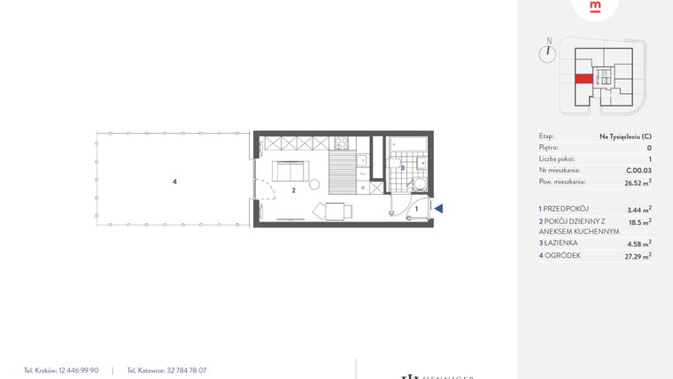 Rzut - Mieszkanie na sprzedaż 1 pokój o powierzchni 26,52 m² - numer C.00.03 w Mieszkaj w mieście - Na Tysiącleciu budynek C