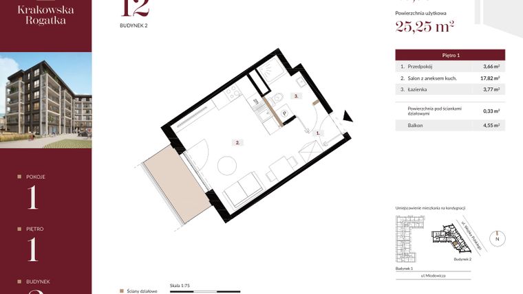 Rzut - Mieszkanie na sprzedaż 1 pokój o powierzchni 25,58 m² - numer 2.M12 w Krakowska Rogatka
