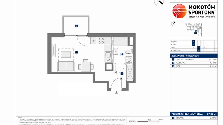 Rzut - Mieszkanie na sprzedaż 1 pokój o powierzchni 27,68 m² - numer D.13 w Mokotów Sportowy 1.1B