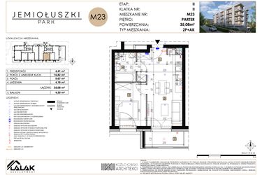 Rzut - Mieszkanie na sprzedaż 2 pokoje o powierzchni 35,08 m² - numer A2_M23 w Jemiołuszki Park etap 2