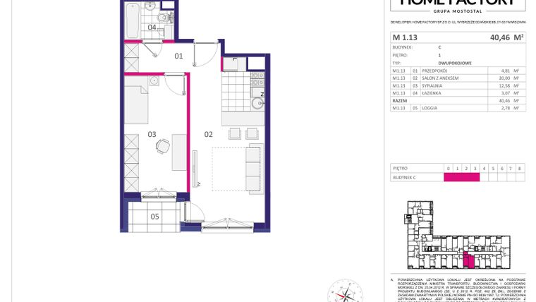 Rzut - Mieszkanie na sprzedaż 2 pokoje o powierzchni 40,46 m² - numer M1.13 w Home Factory etap III