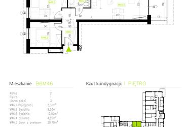 Rzut - Mieszkanie na sprzedaż 3 pokoje o powierzchni 56,01 m² - numer B6M46 w Osiedle Natura Park etap II