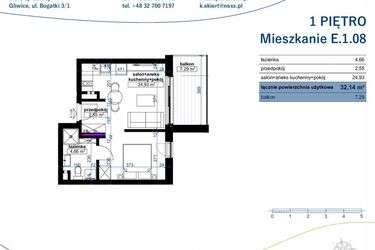 Rzut - Mieszkanie na sprzedaż 1 pokój o powierzchni 32,14 m² - numer E.1.08 w Wzgórze Poetów 2