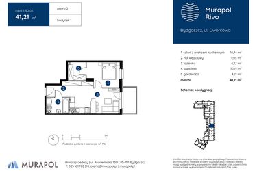 Rzut - Mieszkanie na sprzedaż 2 pokoje o powierzchni 41,21 m² - numer 1.B.2.05 w Murapol Rivo