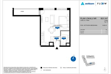 Rzut - Mieszkanie na sprzedaż 1 pokój o powierzchni 34,68 m² - numer B23 247 w Flow - bud. B2 A i bud. B2 B