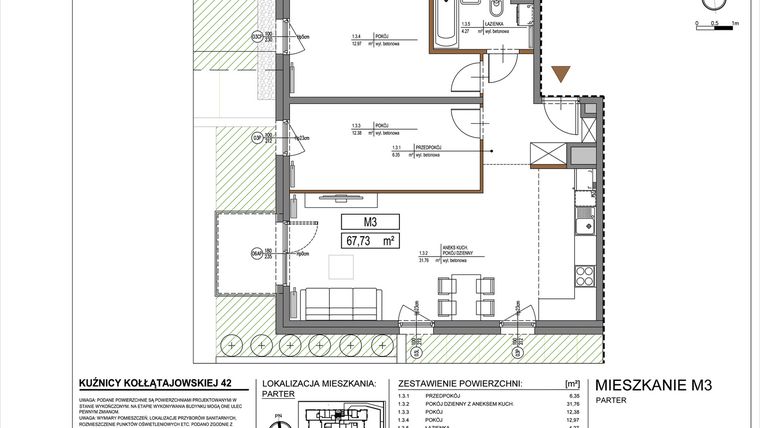 Rzut - Mieszkanie na sprzedaż 3 pokoje o powierzchni 67,73 m² - numer M3 w Kuźnicy Kołłątajowskiej 42