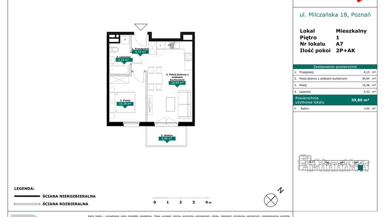 Rzut - Mieszkanie na sprzedaż 2 pokoje o powierzchni 39,8 m² - numer A7 w Milczańska 18