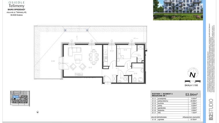 Rzut - Mieszkanie na sprzedaż 2 pokoje o powierzchni 53,84 m² - numer B.1 w Osiedle Telimeny etap III