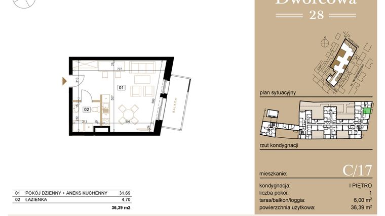 Rzut - Mieszkanie na sprzedaż 1 pokój o powierzchni 36,61 m² - numer C17 w Dworcowa 28