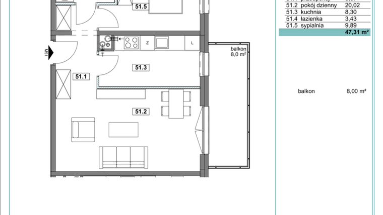 Rzut - Mieszkanie na sprzedaż 2 pokoje o powierzchni 47,37 m² - numer D.51 w Osiedle Kościuszki etap II